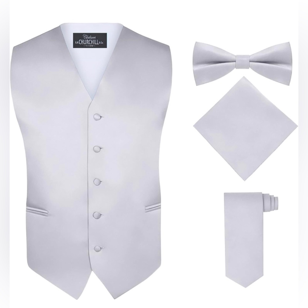 S.H. Churchill & Co. Men's 4 Piece Vest Set, with Bow TieNeckTie & Pocket Hankie